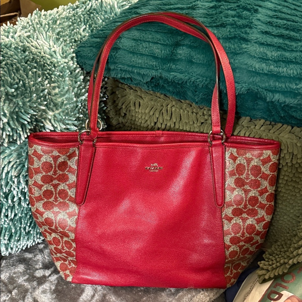 Coach Red and Tan Signature Tote
